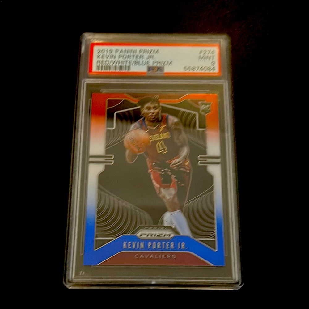 Reflective Geometric Sports Card with Red and Blue Border